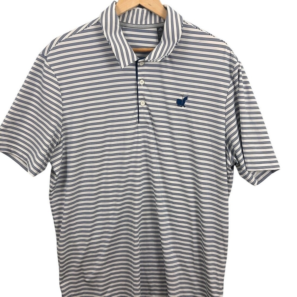 Adidas Mens Golf Polo Shirt Large White Blue Striped Llama Logo Short Sleeve